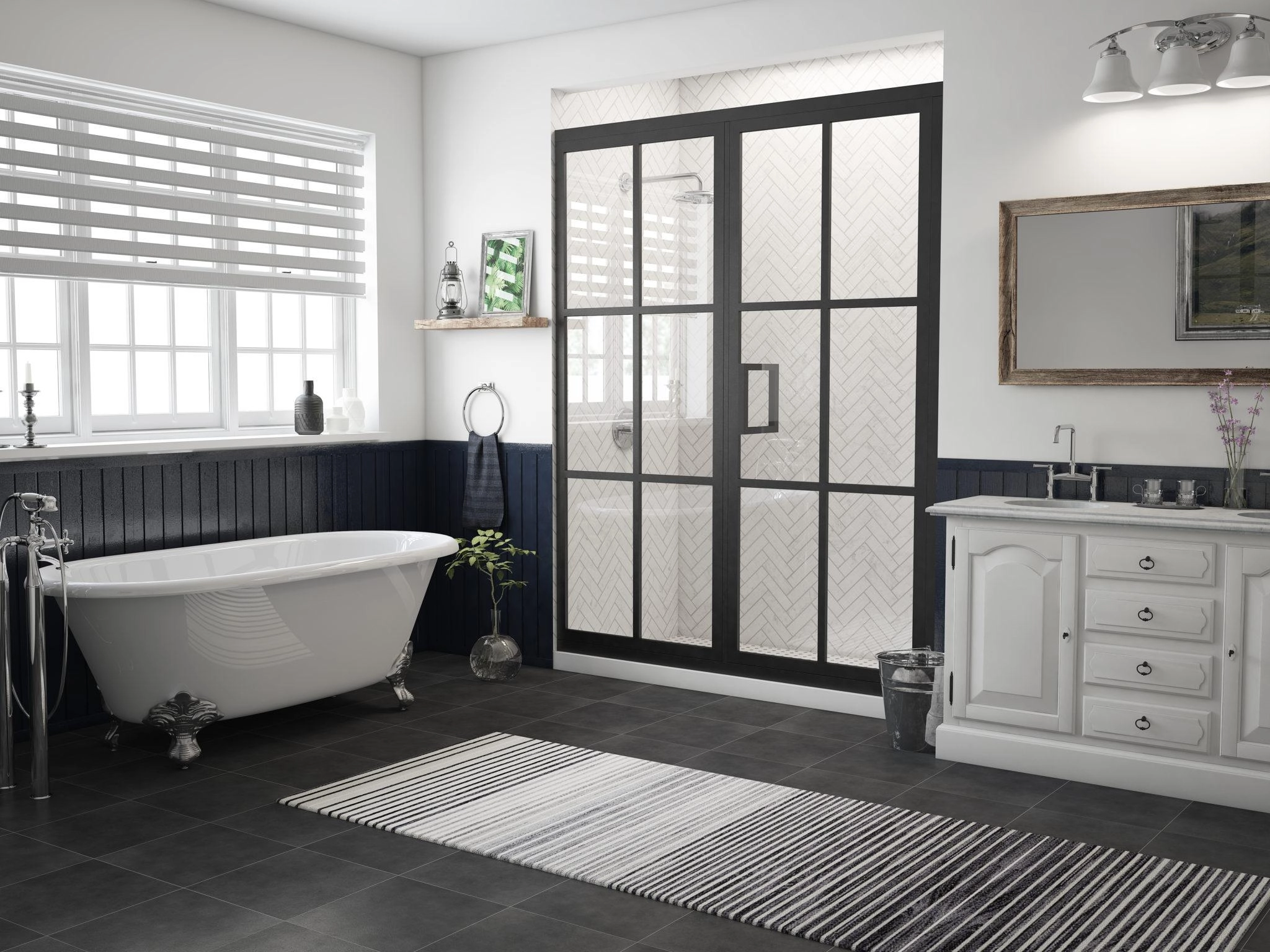 Coastal shower doors glass installation in modern bathroom